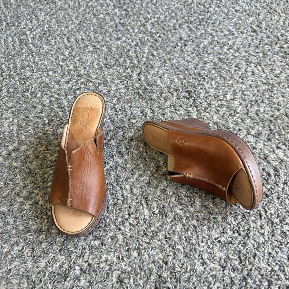 Born Size 7 Brown Leather Platform Heel Sandals Shoes Slide Slip On New - Picture 3 of 10